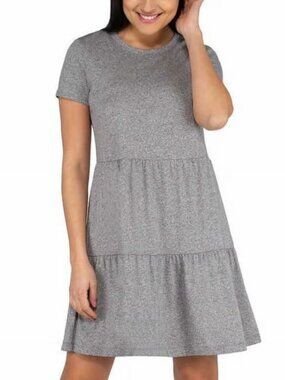 Casual Heather Grey  A-Line Tiered Short Sleeve Mini Dress with Crew Neck